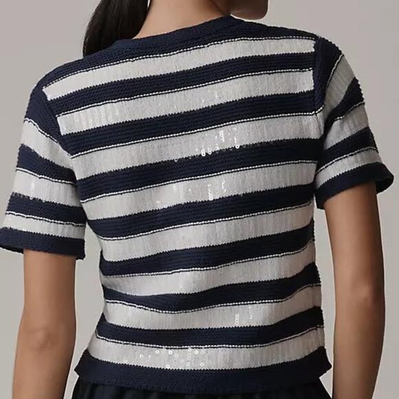 SAM EDELMAN Colleen Stripe Short Sleeve Cardigan knit blue Size Medium NWT - Picture 2 of 11